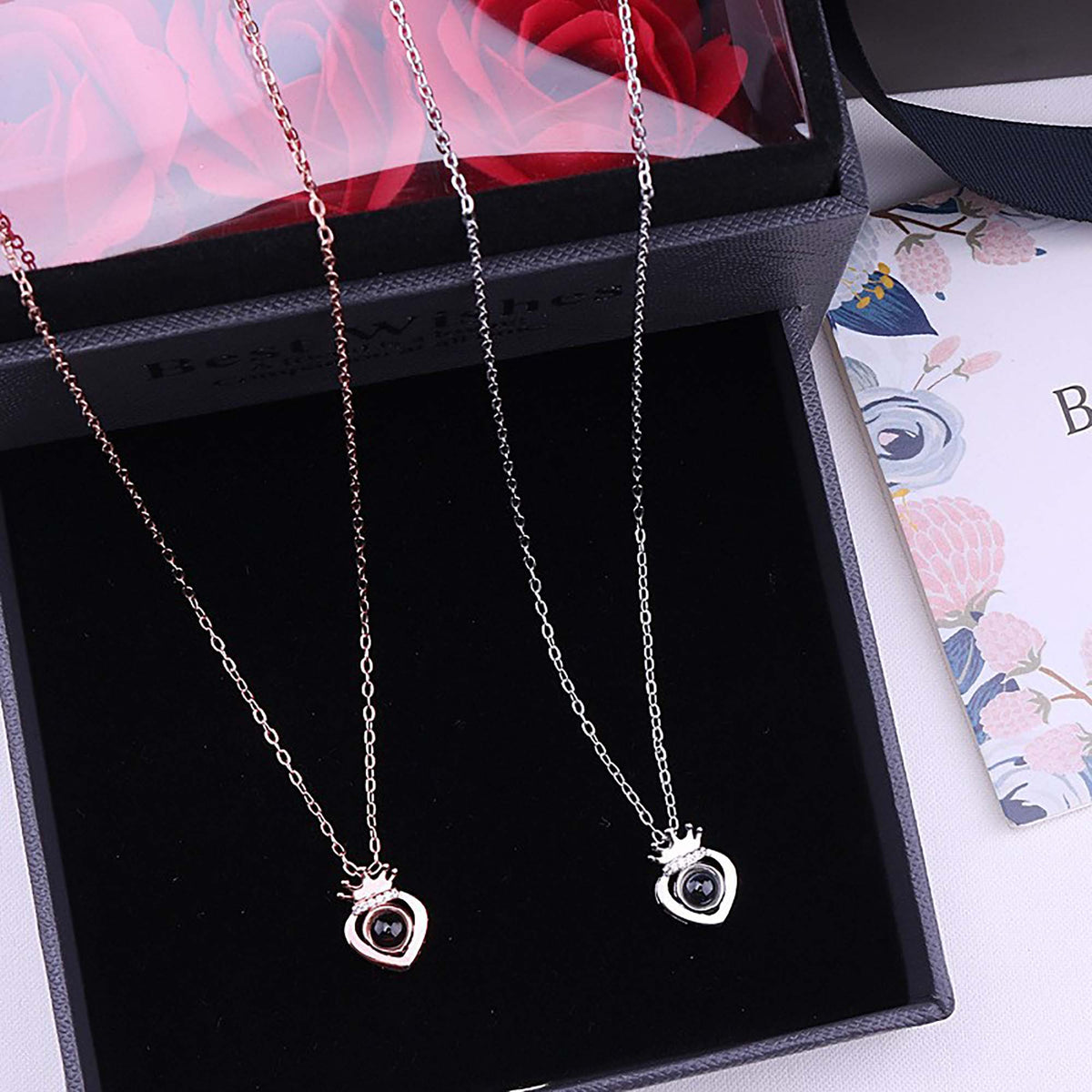 Rose Gold Silver Color 100 Languages I Love You Projection Heart Crown name Pendant Necklace Romantic Memory - MERGE.DAY.1.FREESTYLE