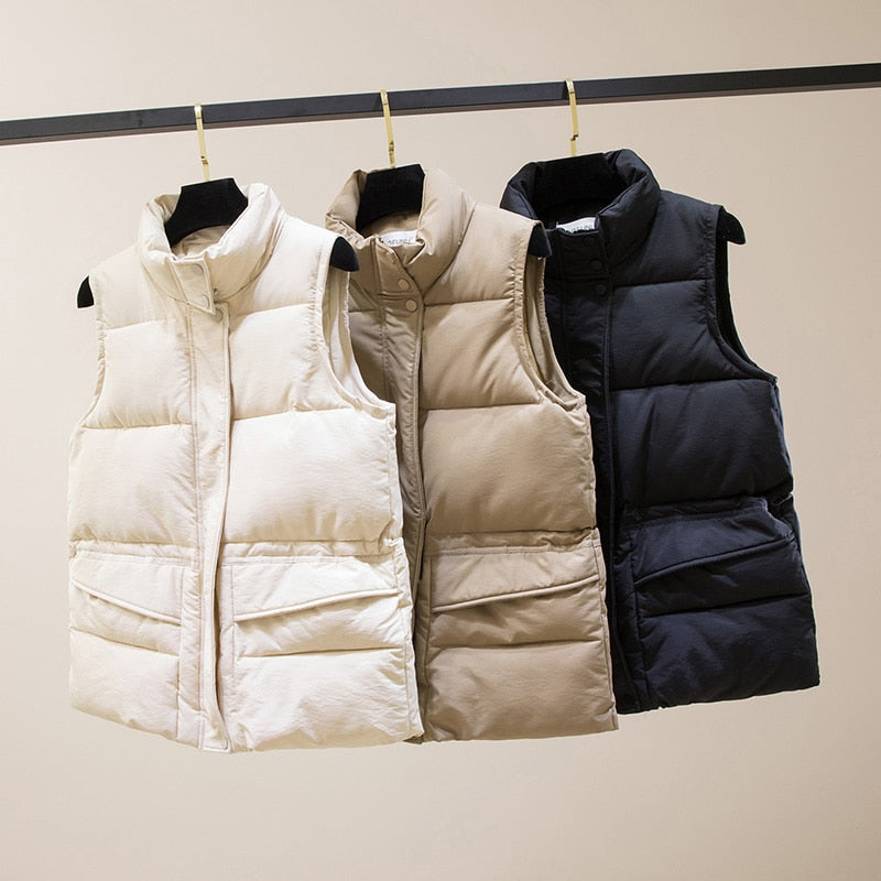 Vest Women Cotton Padded Women's Winter Sleeveless Jacket with Zipper Stand Collar Casual Coats - MERGE.DAY.1.FREESTYLE