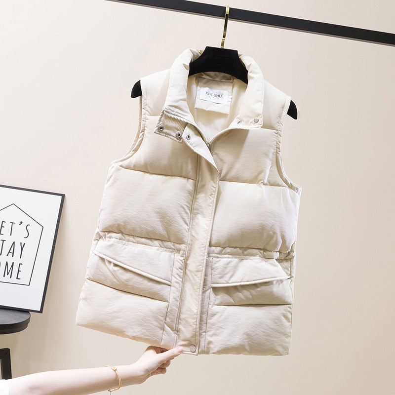 Vest Women Cotton Padded Women's Winter Sleeveless Jacket with Zipper Stand Collar Casual Coats - MERGE.DAY.1.FREESTYLE