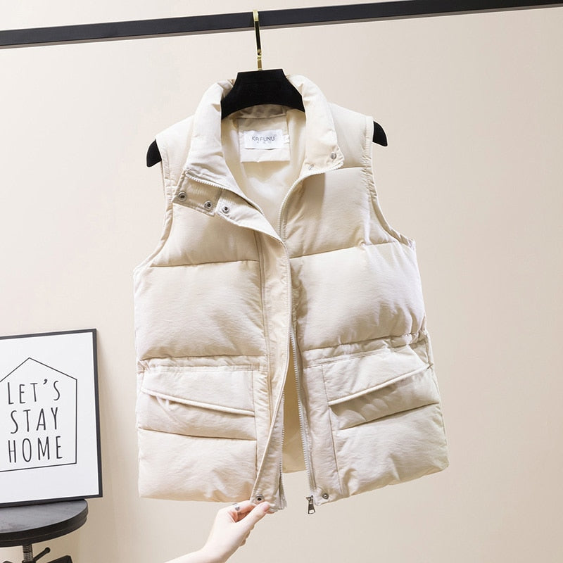 Vest Women Cotton Padded Women's Winter Sleeveless Jacket with Zipper Stand Collar Casual Coats - MERGE.DAY.1.FREESTYLE