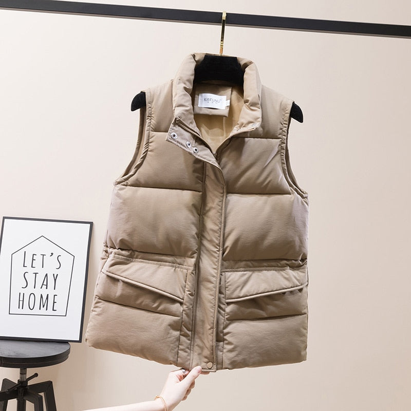 Vest Women Cotton Padded Women's Winter Sleeveless Jacket with Zipper Stand Collar Casual Coats - MERGE.DAY.1.FREESTYLE