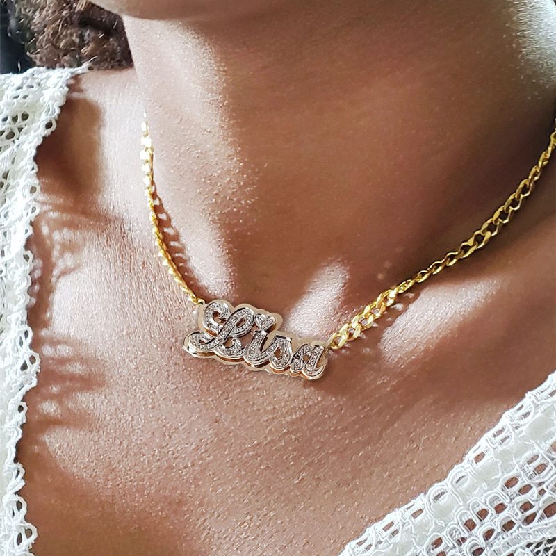 nowadaysfashion Double plate name chokers Silver name chokers Personalized Curb chain name chokers Name plate necklace - MERGE.DAY.1.FREESTYLE