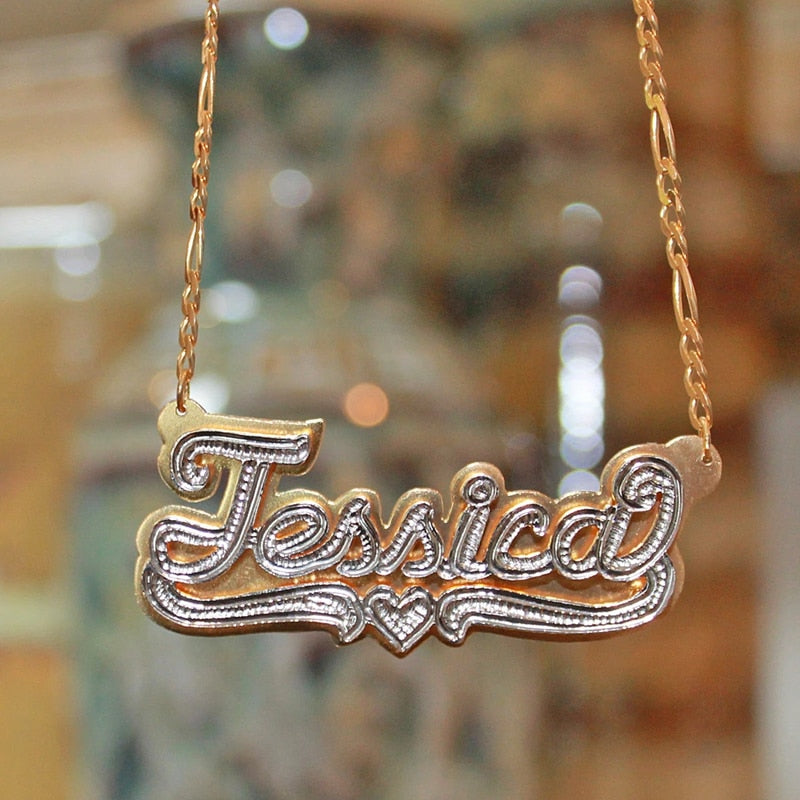 nowadaysfashion Double plate name chokers Silver name chokers Personalized Curb chain name chokers Name plate necklace - MERGE.DAY.1.FREESTYLE