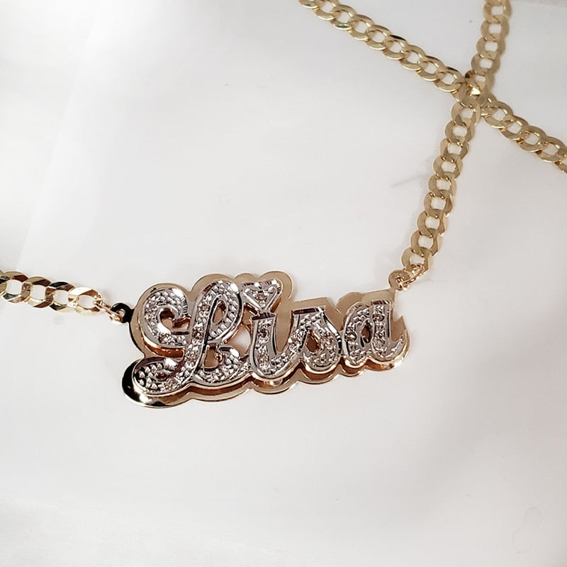 nowadaysfashion Double plate name chokers Silver name chokers Personalized Curb chain name chokers Name plate necklace - MERGE.DAY.1.FREESTYLE