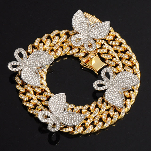 Gold Necklace +Watch+Bracelet Miami Curb Cuban Chain Gold Full Iced Out Paved Rhinestones CZ Bling - MERGE.DAY.1.FREESTYLE