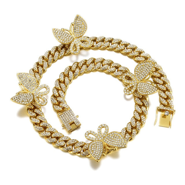 Gold Necklace +Watch+Bracelet Miami Curb Cuban Chain Gold Full Iced Out Paved Rhinestones CZ Bling - MERGE.DAY.1.FREESTYLE