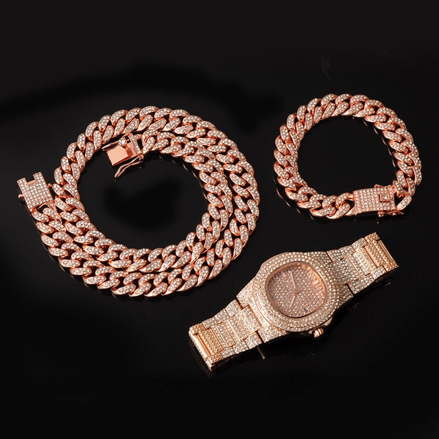 Gold Necklace +Watch+Bracelet Miami Curb Cuban Chain Gold Full Iced Out Paved Rhinestones CZ Bling - MERGE.DAY.1.FREESTYLE