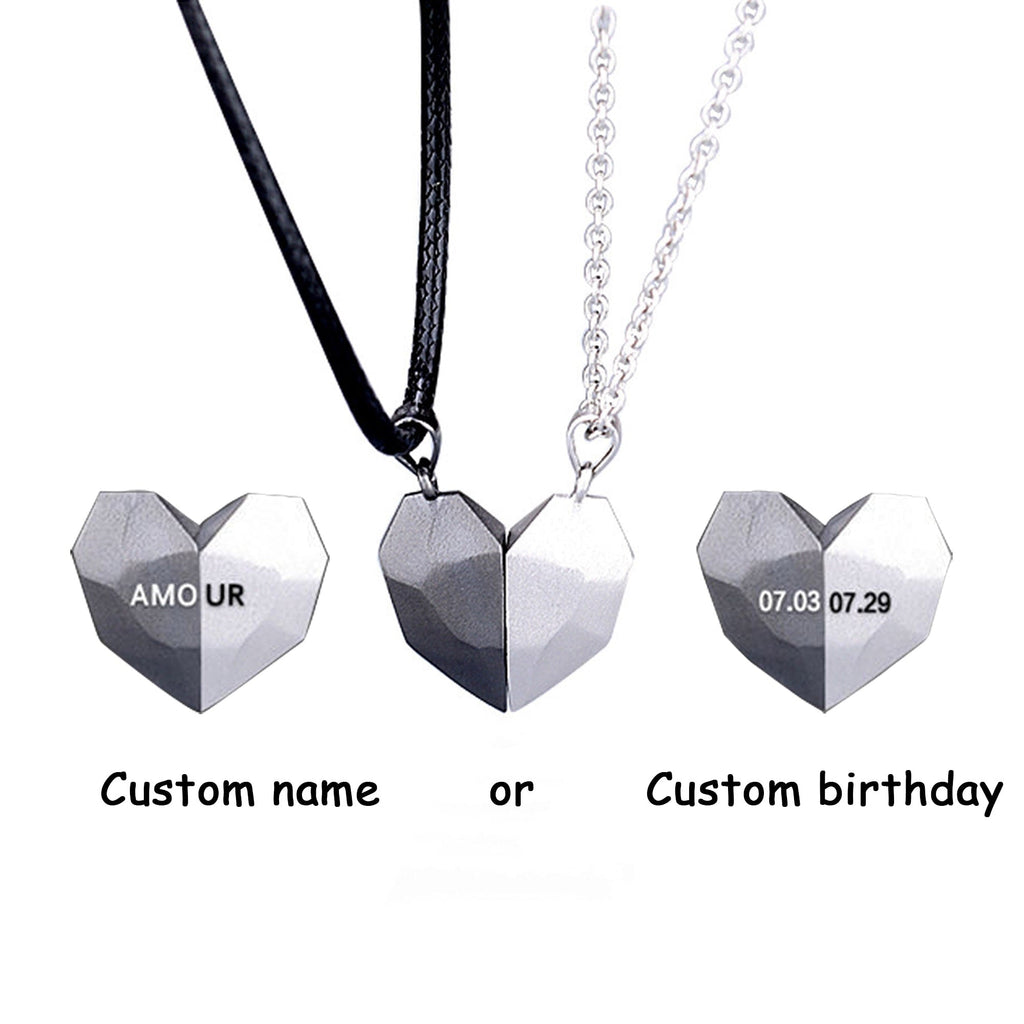 2PCS/set Personalized Custom Name Date Wishing Stone Heart Magnetic Couple Necklace Birthday Gift - MERGE.DAY.1.FREESTYLE