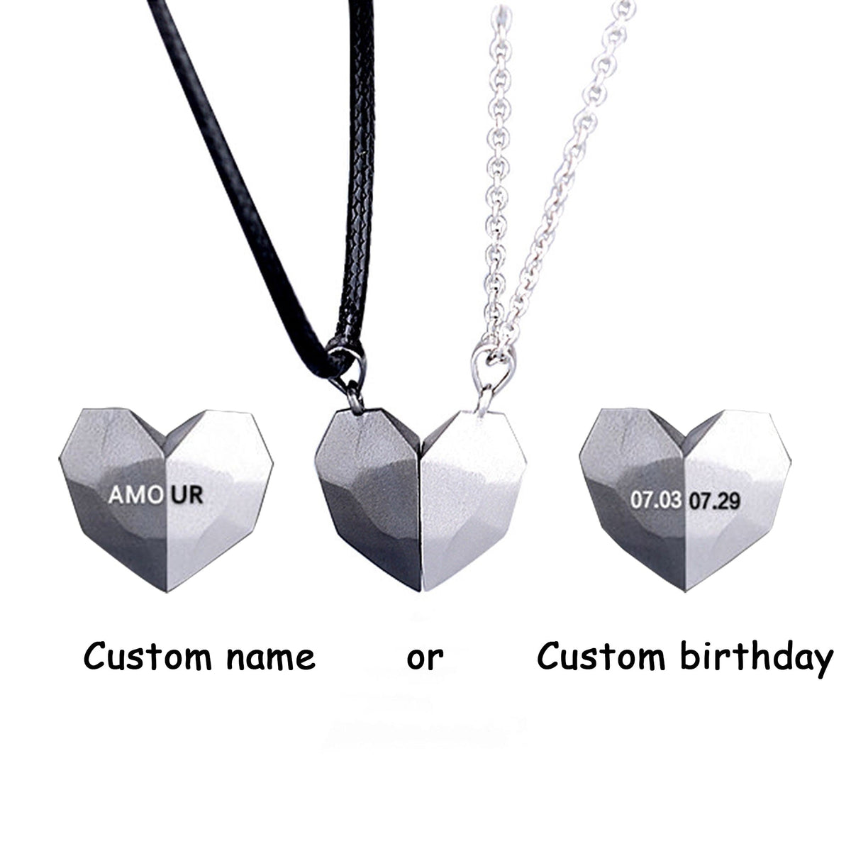 2PCS/set Personalized Custom Name Date Wishing Stone Heart Magnetic Couple Necklace Birthday Gift - MERGE.DAY.1.FREESTYLE