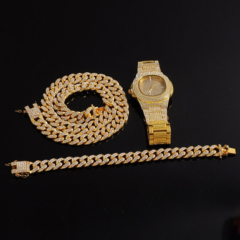 Gold Necklace +Watch+Bracelet Miami Curb Cuban Chain Gold Full Iced Out Paved Rhinestones CZ Bling - MERGE.DAY.1.FREESTYLE