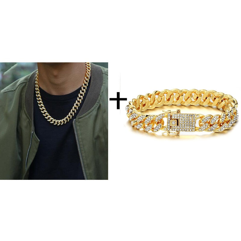 Gold Necklace +Watch+Bracelet Miami Curb Cuban Chain Gold Full Iced Out Paved Rhinestones CZ Bling - MERGE.DAY.1.FREESTYLE