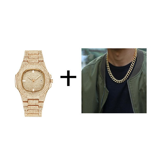 Gold Necklace +Watch+Bracelet Miami Curb Cuban Chain Gold Full Iced Out Paved Rhinestones CZ Bling - MERGE.DAY.1.FREESTYLE