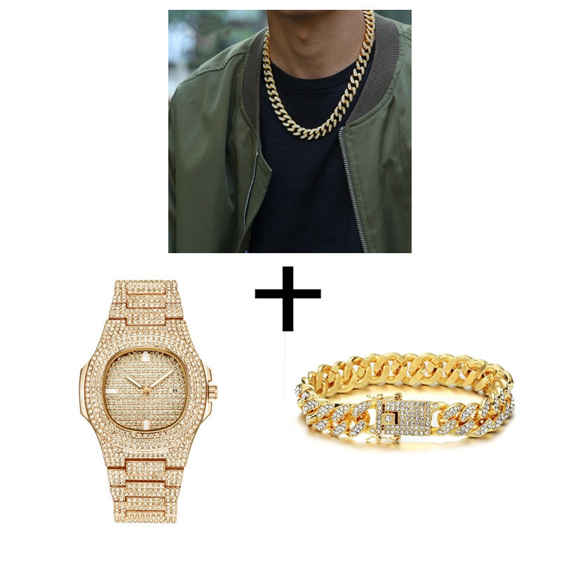Gold Necklace +Watch+Bracelet Miami Curb Cuban Chain Gold Full Iced Out Paved Rhinestones CZ Bling - MERGE.DAY.1.FREESTYLE