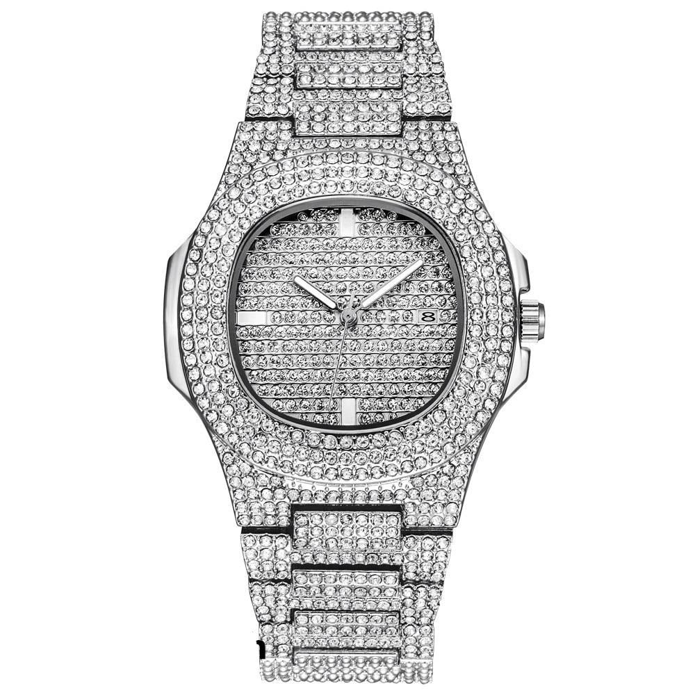 Gold Necklace +Watch+Bracelet Miami Curb Cuban Chain Gold Full Iced Out Paved Rhinestones CZ Bling - MERGE.DAY.1.FREESTYLE