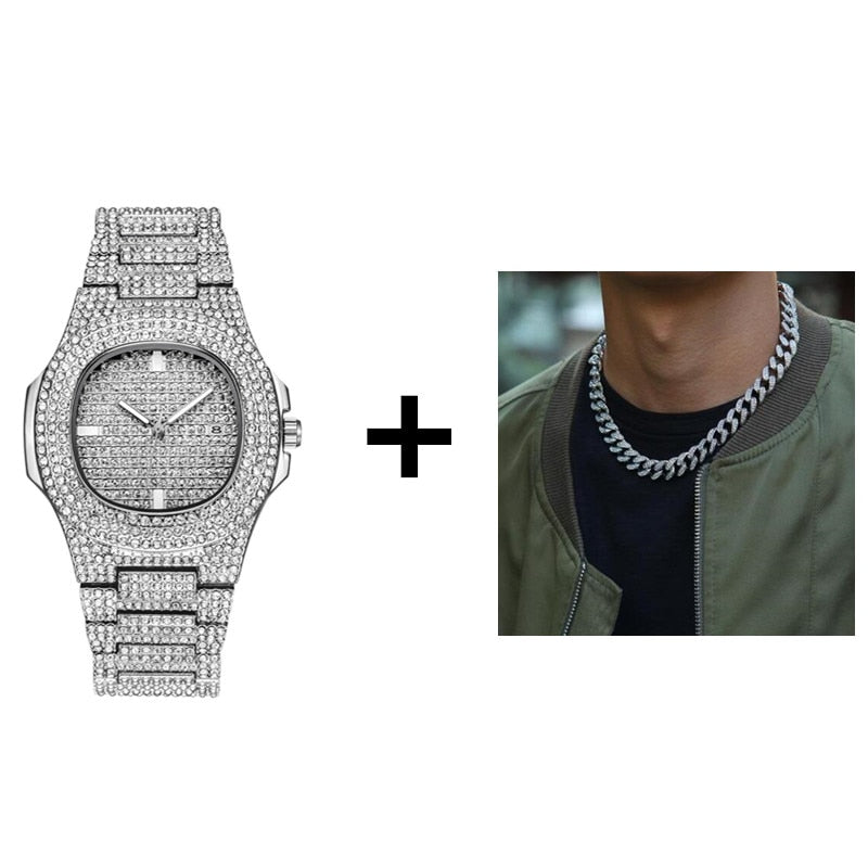 Gold Necklace +Watch+Bracelet Miami Curb Cuban Chain Gold Full Iced Out Paved Rhinestones CZ Bling - MERGE.DAY.1.FREESTYLE