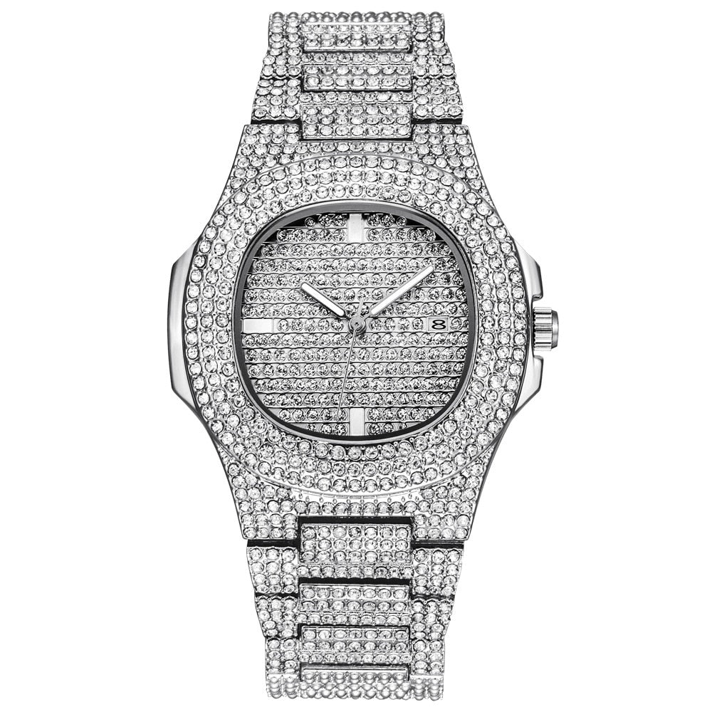 Gold Necklace +Watch+Bracelet Miami Curb Cuban Chain Gold Full Iced Out Paved Rhinestones CZ Bling - MERGE.DAY.1.FREESTYLE