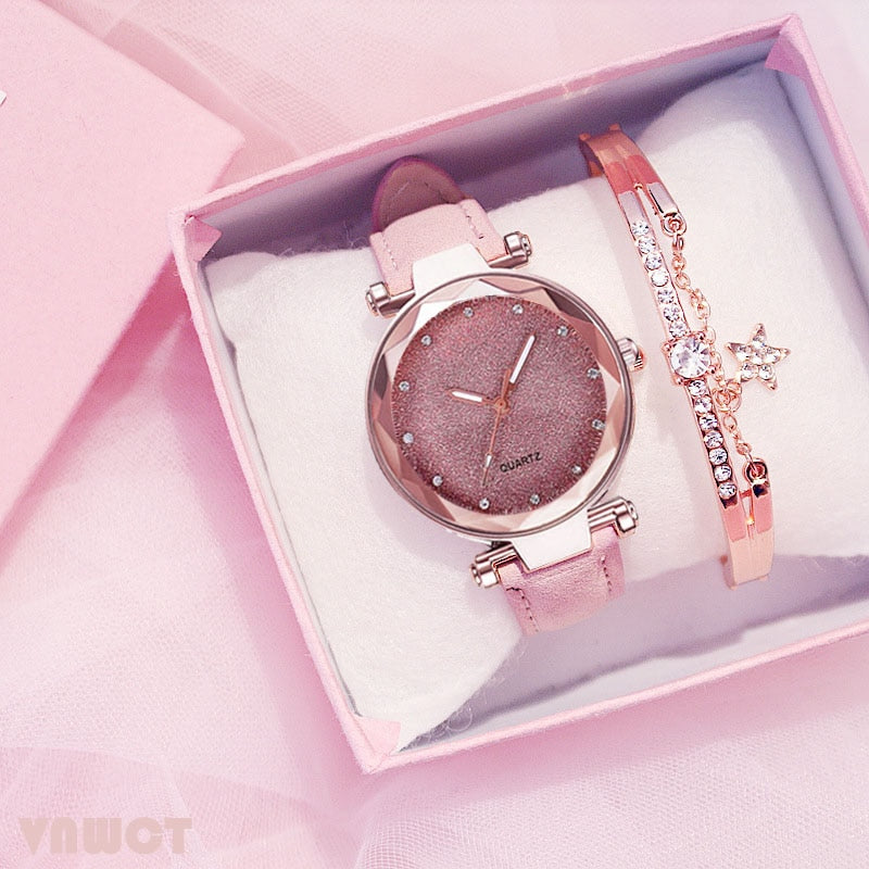 Women Romantic Wrist Watch bracelet Leather Rhinestone Ladies Clock - MERGE.DAY.1.FREESTYLE
