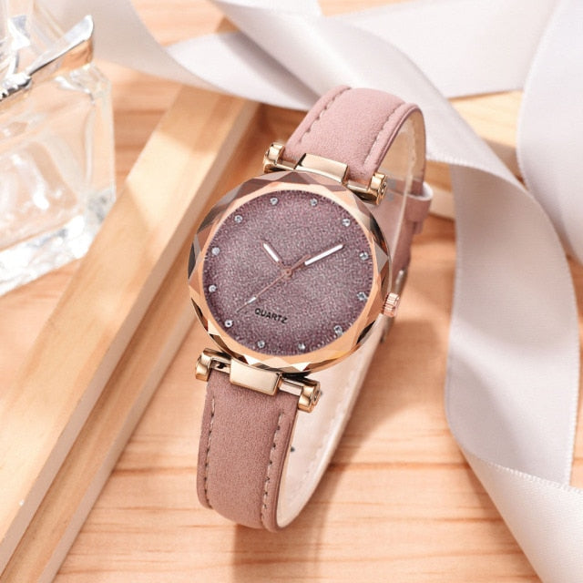 Women Romantic Wrist Watch bracelet Leather Rhinestone Ladies Clock - MERGE.DAY.1.FREESTYLE