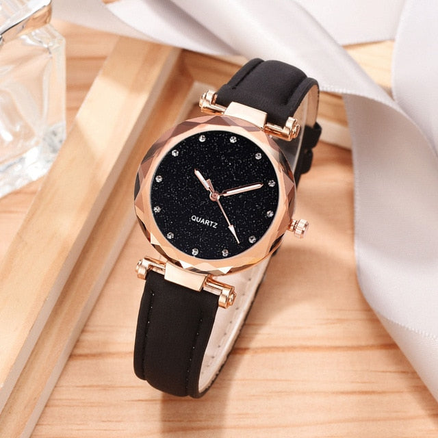 Women Romantic Wrist Watch bracelet Leather Rhinestone Ladies Clock - MERGE.DAY.1.FREESTYLE