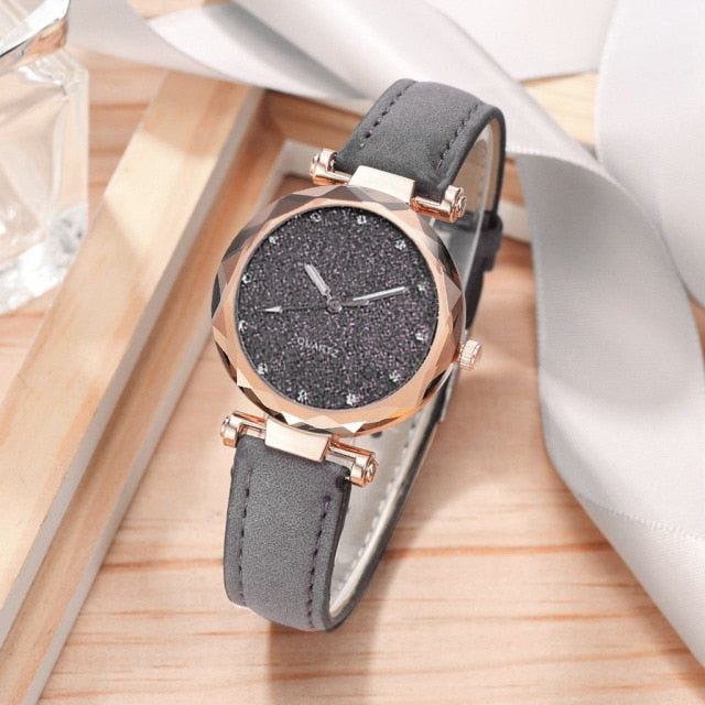 Women Romantic Wrist Watch bracelet Leather Rhinestone Ladies Clock - MERGE.DAY.1.FREESTYLE