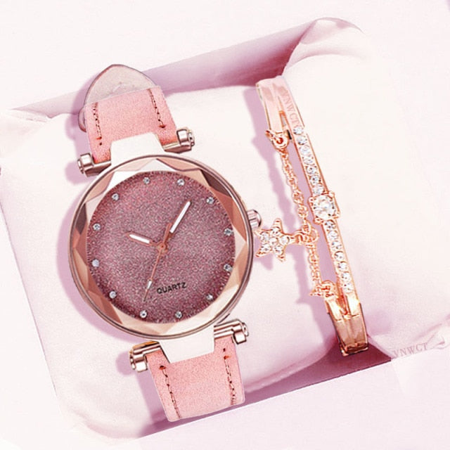 Women Romantic Wrist Watch bracelet Leather Rhinestone Ladies Clock - MERGE.DAY.1.FREESTYLE