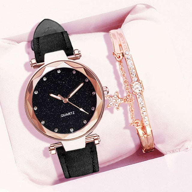 Women Romantic Wrist Watch bracelet Leather Rhinestone Ladies Clock - MERGE.DAY.1.FREESTYLE