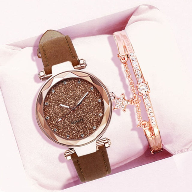 Women Romantic Wrist Watch bracelet Leather Rhinestone Ladies Clock - MERGE.DAY.1.FREESTYLE