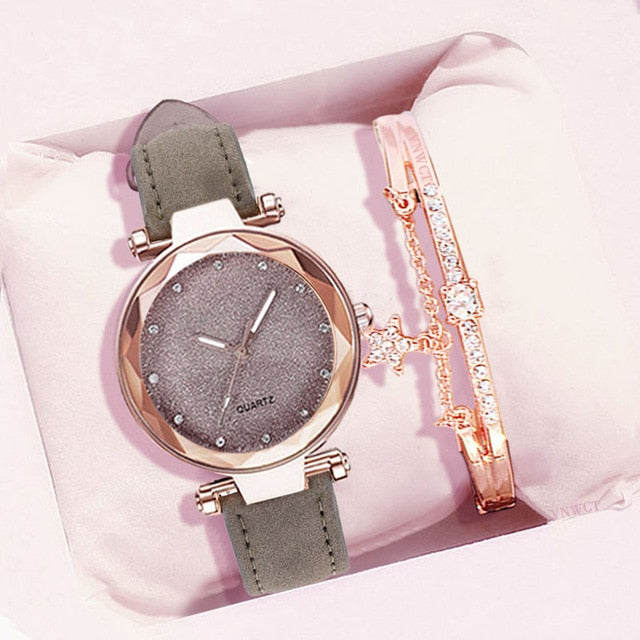 Women Romantic Wrist Watch bracelet Leather Rhinestone Ladies Clock - MERGE.DAY.1.FREESTYLE