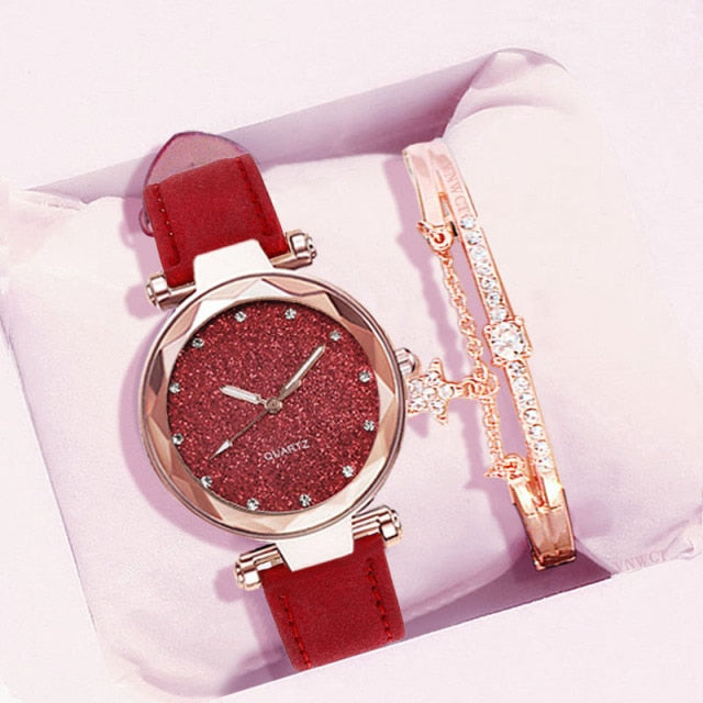 Women Romantic Wrist Watch bracelet Leather Rhinestone Ladies Clock - MERGE.DAY.1.FREESTYLE
