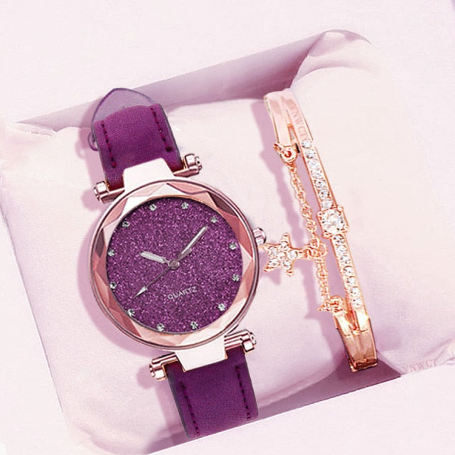 Women Romantic Wrist Watch bracelet Leather Rhinestone Ladies Clock - MERGE.DAY.1.FREESTYLE