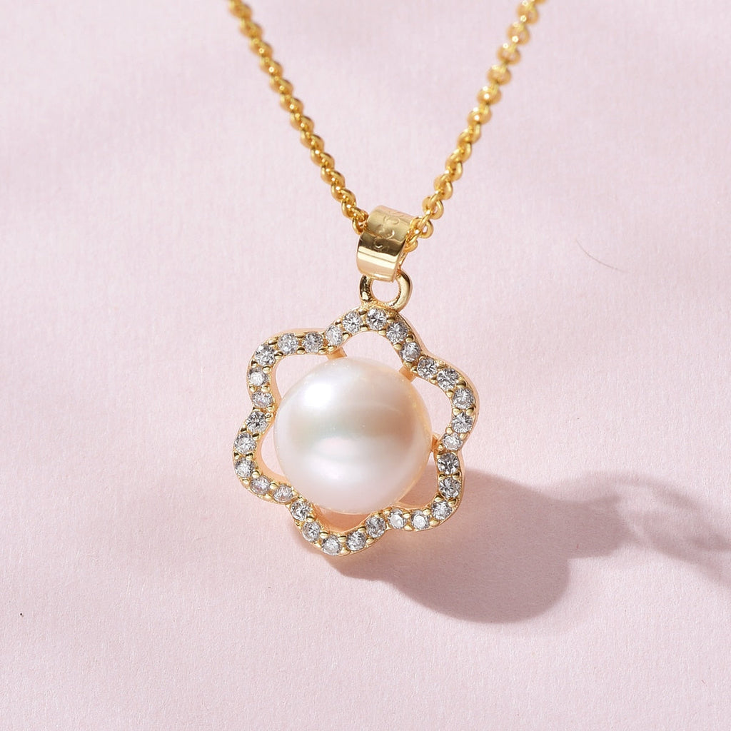 Pearl White Natural Freshwater 8-9mm Silver Gold Plated Flower Zirconia Pendants Necklaces - MERGE.DAY.1.FREESTYLE