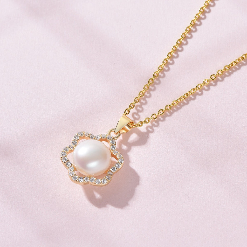 Pearl White Natural Freshwater 8-9mm Silver Gold Plated Flower Zirconia Pendants Necklaces - MERGE.DAY.1.FREESTYLE