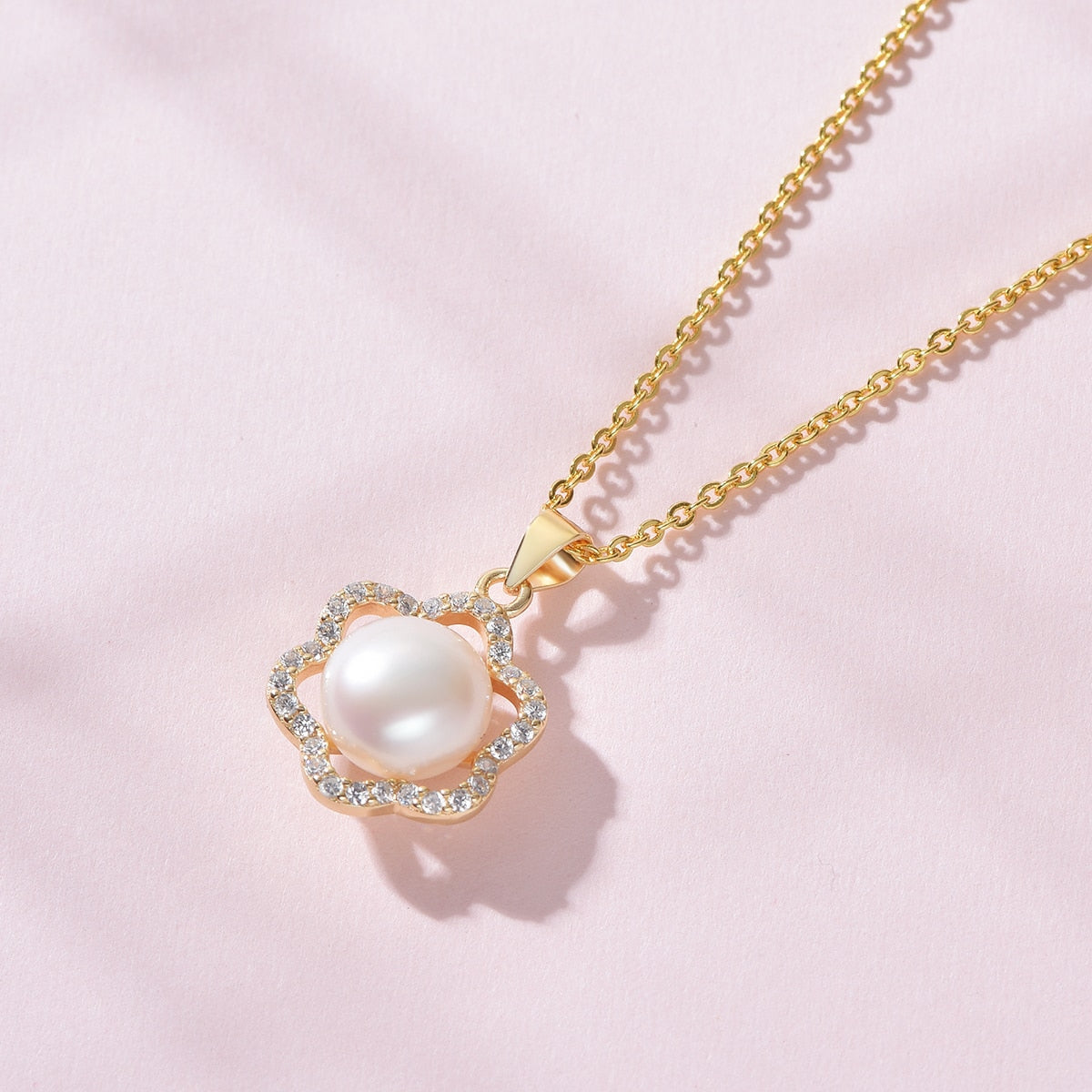 Pearl White Natural Freshwater 8-9mm Silver Gold Plated Flower Zirconia Pendants Necklaces - MERGE.DAY.1.FREESTYLE