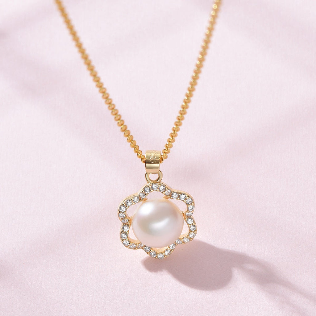 Pearl White Natural Freshwater 8-9mm Silver Gold Plated Flower Zirconia Pendants Necklaces - MERGE.DAY.1.FREESTYLE