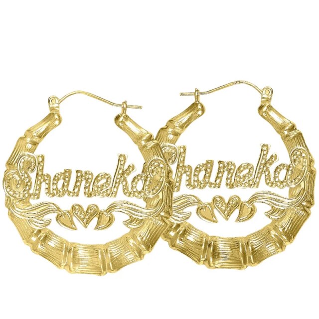 Fashion Trend Custom Name Bamboo Hoop Earrings Personality Heart Shaped Gold Plated Hoop Bamboo Earrings - MERGE.DAY.1.FREESTYLE