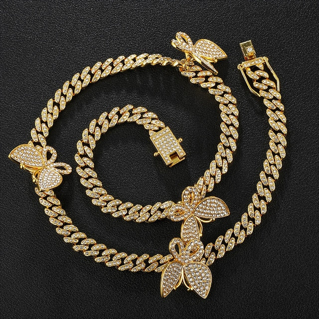 Gold Necklace +Watch+Bracelet Miami Curb Cuban Chain Gold Full Iced Out Paved Rhinestones CZ Bling - MERGE.DAY.1.FREESTYLE