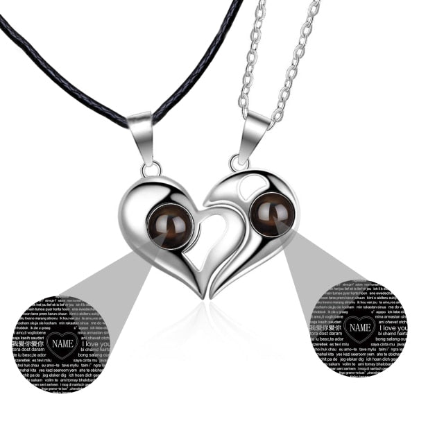 1 Pair Name Couple Heart Shape 100 Languages I Love You Projection Pendant Necklace - MERGE.DAY.1.FREESTYLE