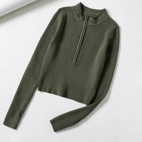 High Neck Zipper Front Knitted Sweater Women Solid Basic Cropped Pullover - MERGE.DAY.1.FREESTYLE