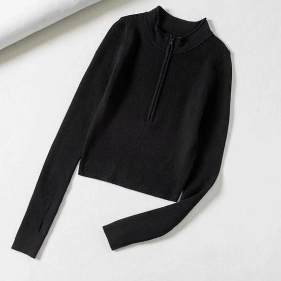 High Neck Zipper Front Knitted Sweater Women Solid Basic Cropped Pullover - MERGE.DAY.1.FREESTYLE