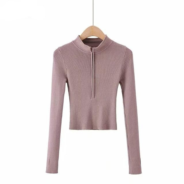 High Neck Zipper Front Knitted Sweater Women Solid Basic Cropped Pullover - MERGE.DAY.1.FREESTYLE