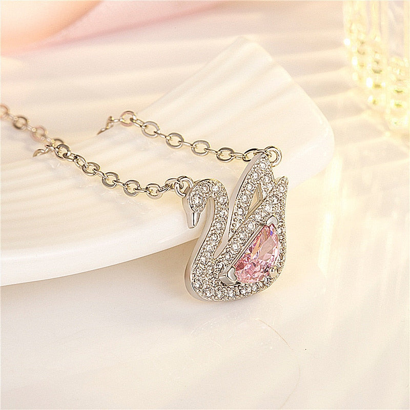 Swan Pink Crystal Zircon Diamonds Gemstones Pendant Necklaces - MERGE.DAY.1.FREESTYLE