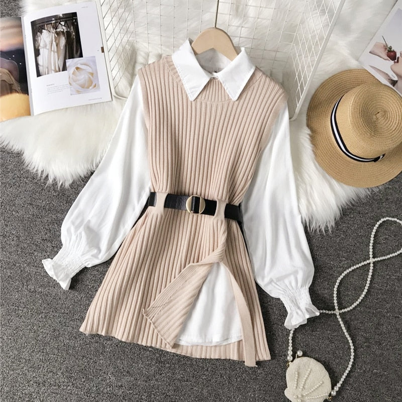 lantern sleeve shirt fashion 2021 women's knitted vest two piece sets of College style- MERGE.DAY.1.FREESTYLE