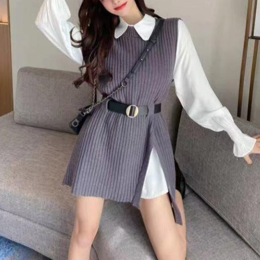 lantern sleeve shirt fashion 2021 women's knitted vest two piece sets of College style- MERGE.DAY.1.FREESTYLE