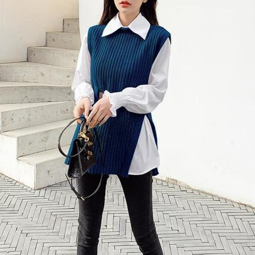 lantern sleeve shirt fashion 2021 women's knitted vest two piece sets of College style- MERGE.DAY.1.FREESTYLE