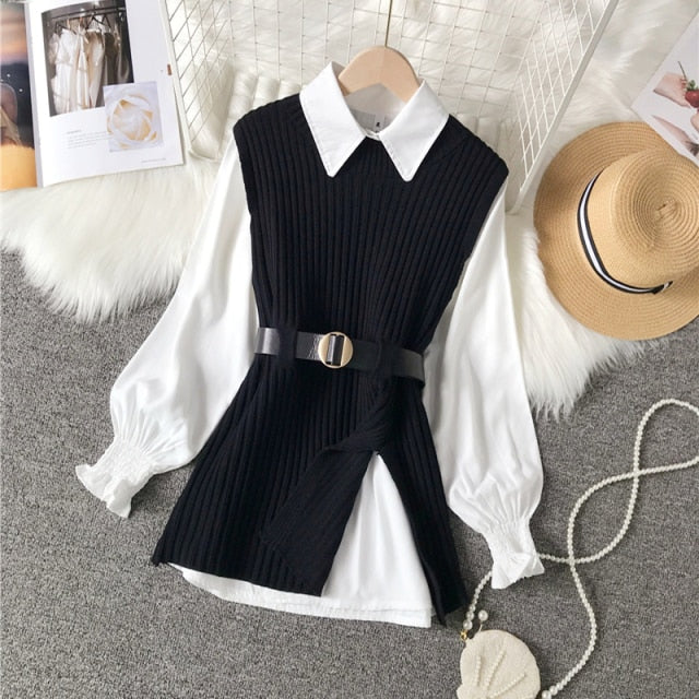 lantern sleeve shirt fashion 2021 women's knitted vest two piece sets of College style- MERGE.DAY.1.FREESTYLE