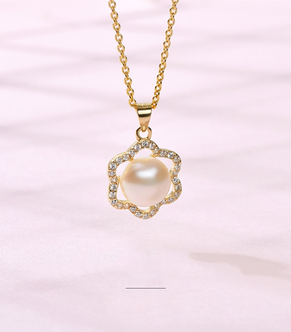 Pearl White Natural Freshwater 8-9mm Silver Gold Plated Flower Zirconia Pendants Necklaces - MERGE.DAY.1.FREESTYLE