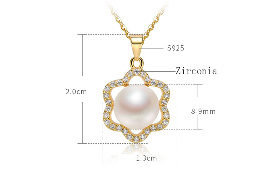 Pearl White Natural Freshwater 8-9mm Silver Gold Plated Flower Zirconia Pendants Necklaces - MERGE.DAY.1.FREESTYLE