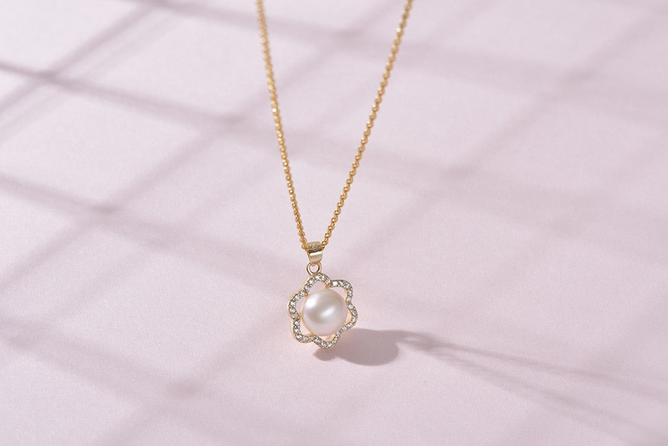 Pearl White Natural Freshwater 8-9mm Silver Gold Plated Flower Zirconia Pendants Necklaces - MERGE.DAY.1.FREESTYLE