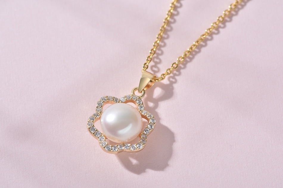 Pearl White Natural Freshwater 8-9mm Silver Gold Plated Flower Zirconia Pendants Necklaces - MERGE.DAY.1.FREESTYLE