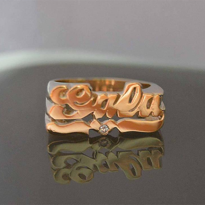 Personalized Name Ring Unisex Custom Letter Initial Ring with Heart Gold-Plated Copper Nameplate Ring - MERGE.DAY.1.FREESTYLE